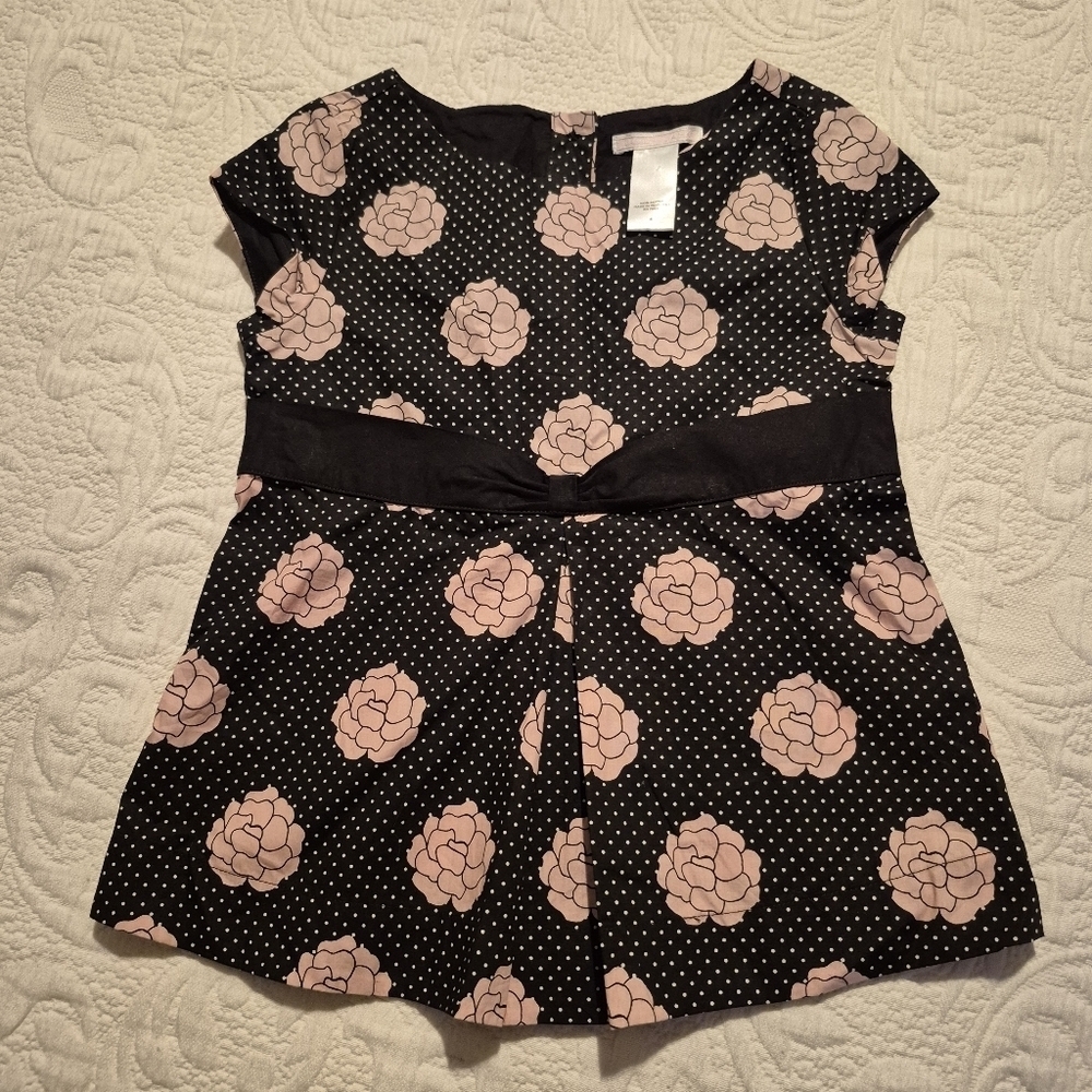 Janie and Jack size 6 La Rosa pink rose polka dot blouse back buttons EUC